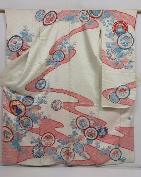 Photo1: 1203i06z860 Vintage Japanese Kimono Silk FURISODE Off-white Flowers (1)