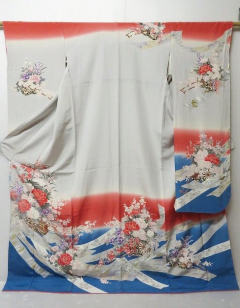 Photo1: 1219H09z1150 Japanese Kimono Silk FURISODE Light gray Flower cart (1)