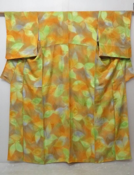 Photo1: 1611i05z870 Japanese Kimono Silk KOMON Dark Yellow Leaves (1)