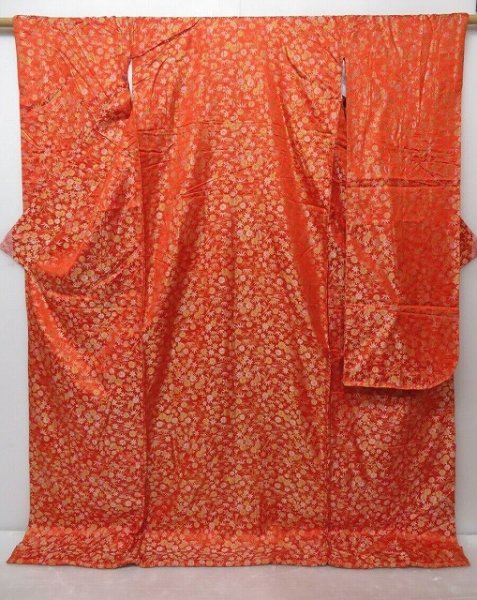 Photo1: 1027N01z1860 Vintage Japanese Kimono Silk UCHIKAKE Orangered Chrysanthemum (1)