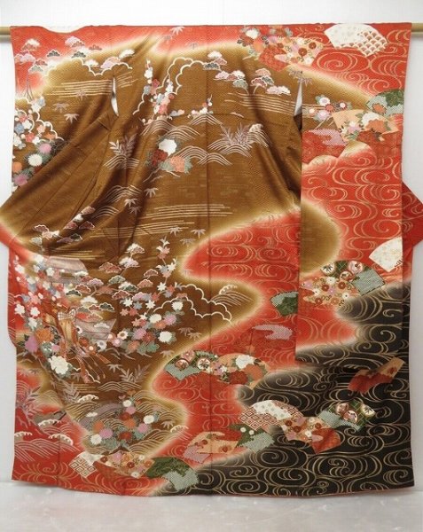 Photo1: 0928T01z1210 Japanese Kimono Silk FURISODE Dark vermilion Flowers (1)