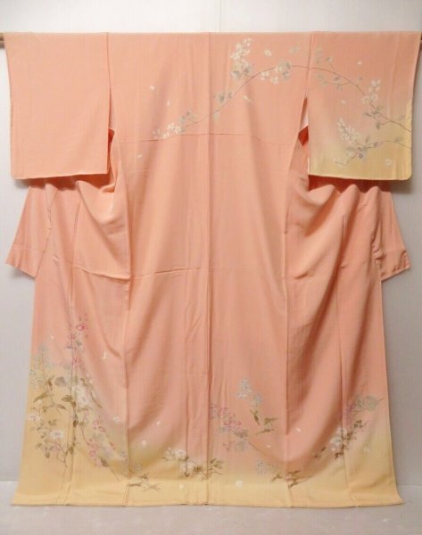 Photo1: 0305H03z1070 Japanese Kimono Silk Yu-zen TSUKESAGE Light pink Flowers (1)