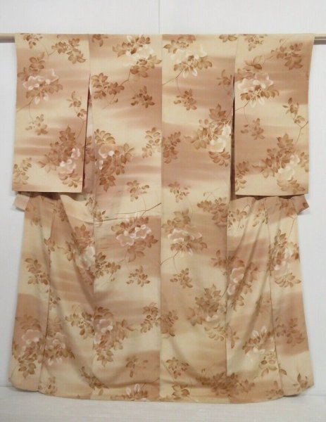 Photo1: 1128N06z630 Vintage Japanese Kimono Silk KOMON Lihgt cream Flower (1)