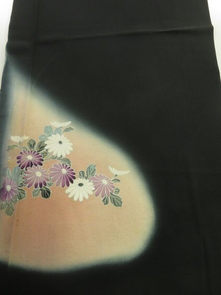 Photo1: 2H05z80 Japanese Kimono Silk  FABRIC Black Chrysanthemum 50.4" (1)