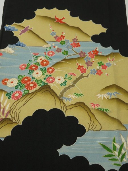 Photo1: 3i03z70 Japanese Kimono Silk  FABRIC Black Scenery 47.2" (1)