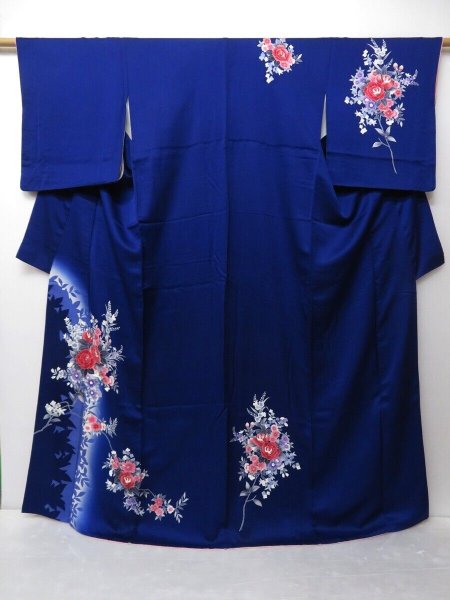 Photo1: 0811T10z910 Japanese Kimono Silk TSUKESAGE Navy Flowers (1)