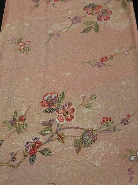 Photo1: 1K06z90 Japanese Kimono Silk  FABRIC Light peach-pink Branch 69.3" (1)