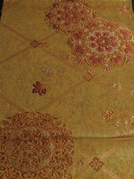 Photo1: 1A01z180 Japanese Kimono Silk OBI FABRIC Gold Flower 51.2" (1)