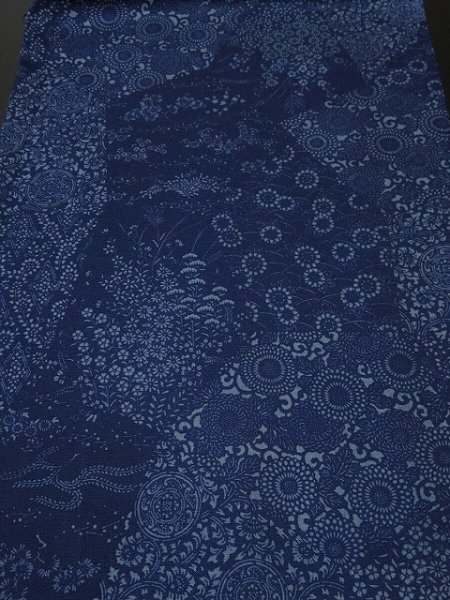 Photo1: 1Q01z60 Japanese Kimono Silk  FABRIC Indigo Flowers 39.4" (1)