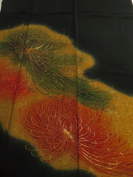 Photo1: 2R01z150 Japanese Kimono Silk  FABRIC Black Chrysanthemum 43.3" (1)