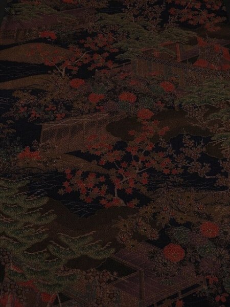 Photo1: 1J01z70 Japanese Kimono Crepe Silk  FABRIC Dark navy Palace garden 37.8" (1)