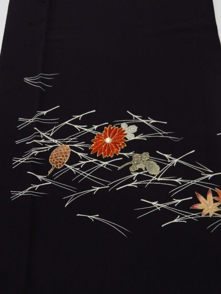 Photo1: 2N02z80 Japanese Kimono Silk  FABRIC Black Pine needle 51.2" (1)