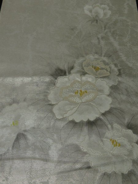 Photo1: 1D01z80 Japanese Kimono Silk OBI FABRIC Off-white Peony 47.2" (1)