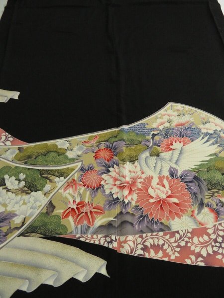 Photo1: 2Q02z120 Japanese Kimono Silk  FABRIC Black Crane, Flowers 46.5" (1)