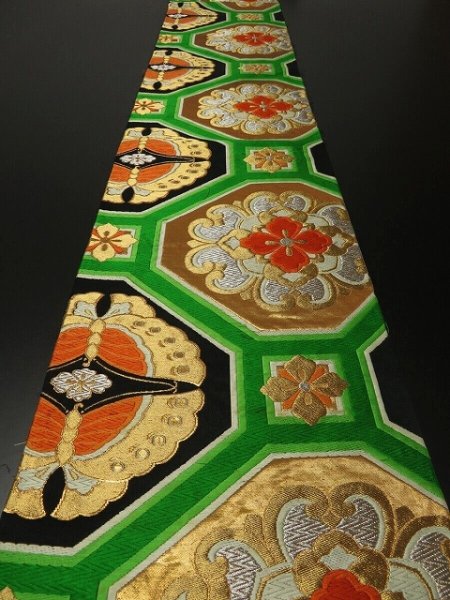Photo1: 1C01z630 Vintage Japanese Kimono Silk OBI FABRIC Black Butterfly 104.7" (1)