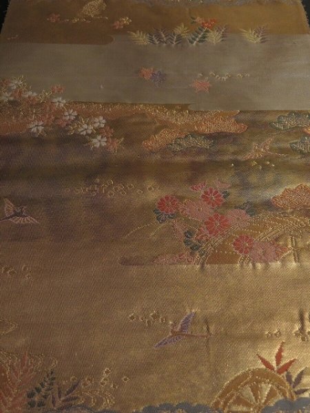 Photo1: 1A01z130 Japanese Kimono Silk OBI FABRIC Gold Bird, Flowers 53.5" (1)