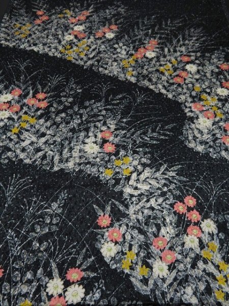 Photo1: 3M01z60 Japanese Kimono Silk  FABRIC Black Flowers 37.8" (1)