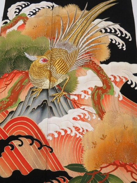 Photo1: 2U01z100 Vintage Japanese Kimono Silk  FABRIC Black Bird, Wave 47.2" (1)