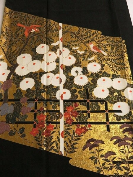 Photo1: 2S01z120 Japanese Kimono Silk Artist work FABRIC Black Bird, Flowers 46.5" (1)