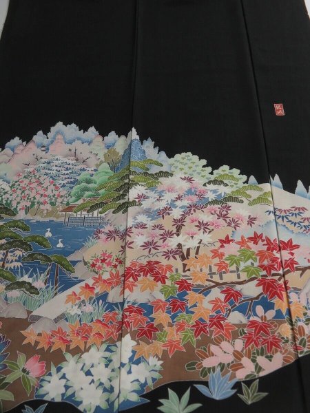 Photo1: 1T02z180 Japanese Kimono Silk Artist work FABRIC Black Scenery 48.8" (1)