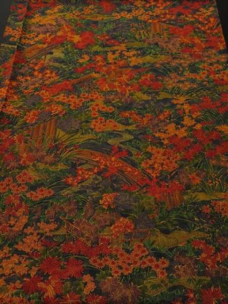 Photo1: 1P01z60 Japanese Kimono Silk  FABRIC  Garden 42.5" (1)