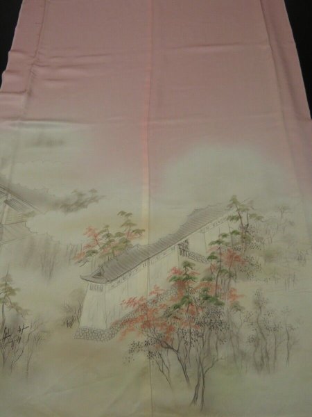 Photo1: 4G01z110 Japanese Kimono Silk  FABRIC Pink Japanese palace 43.3" (1)