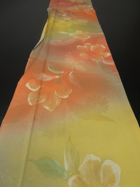 Photo1: 2V03z90 Japanese Kimono Silk  FABRIC Yellow, Coral pink Flowers 61.4" (1)