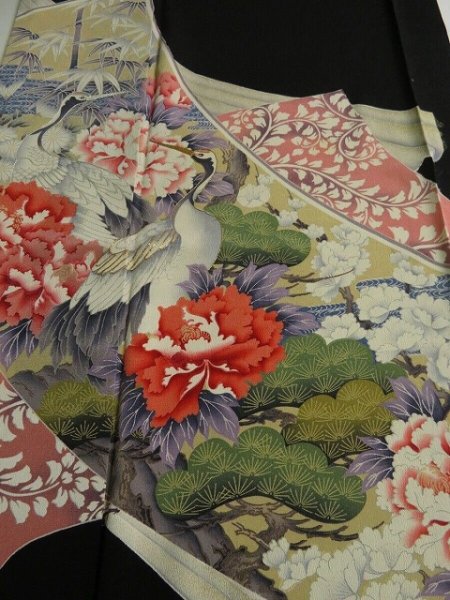 Photo1: 2Q01z100 Japanese Kimono Silk  FABRIC Black Crane, Flowers 53.5" (1)