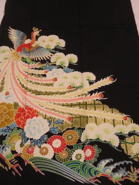 Photo1: 1M01z180 Japanese Kimono Silk  FABRIC Black Phoenix 40.9" (1)