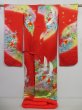 Photo9: 0427N08z3160 Japanese Kimono Silk UCHIKAKE Red Crane, Flowers (9)