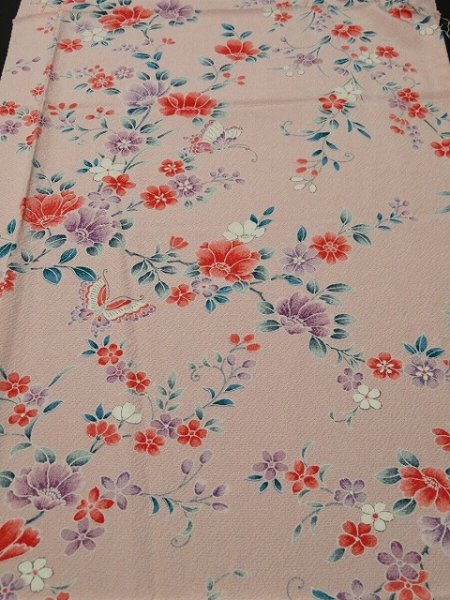 Photo1: 1A05z90 Japanese Kimono Silk  FABRIC Pink Flowers 66.1" (1)