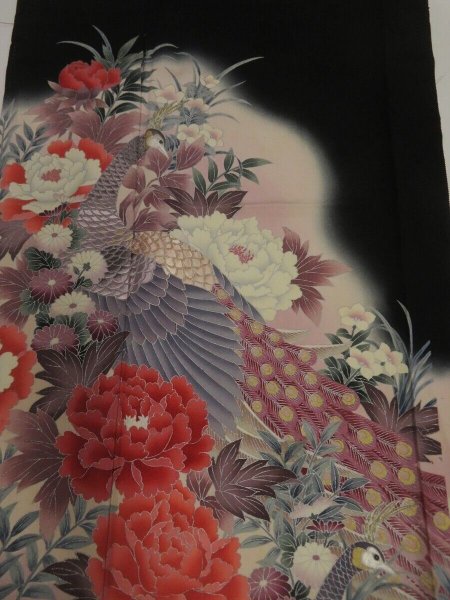 Photo1: 3A01z100 Japanese Kimono Silk  FABRIC Black Peacock 41.7" (1)