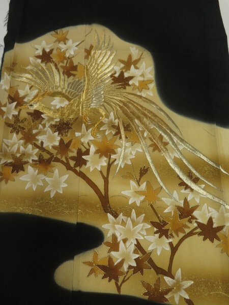 Photo1: 3A01z100 Vintage Japanese Kimono Silk  FABRIC Black Bird 40.9" (1)