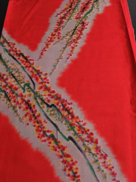 Photo1: 3L02z40 Vintage Japanese Kimono Silk MEISEN FABRIC Orangered Plum branch 50.4" (1)