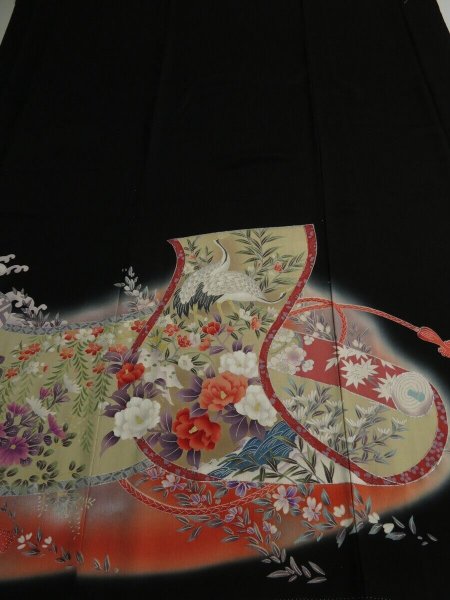 Photo1: 1Q01z200 Japanese Kimono Silk  FABRIC Black Makimono 49.6" (1)