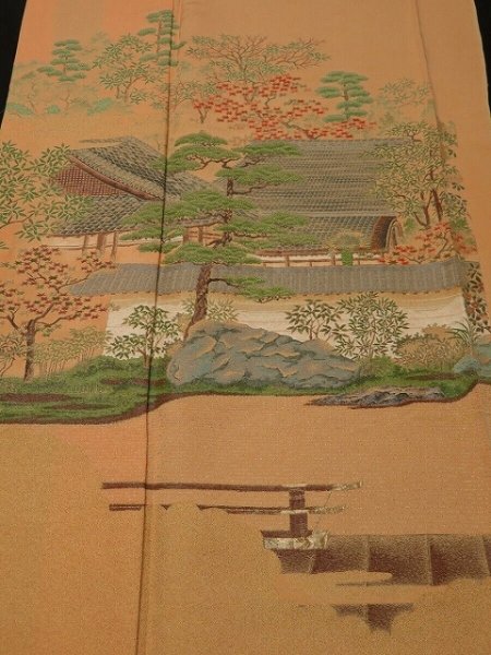 Photo1: 3N03z130 Japanese Kimono Silk  FABRIC Light apricot orange Temple 44.9" (1)