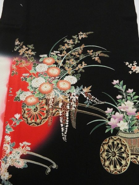 Photo1: 2N02z80 Japanese Kimono Silk  FABRIC Black Hanaguruma 52" (1)