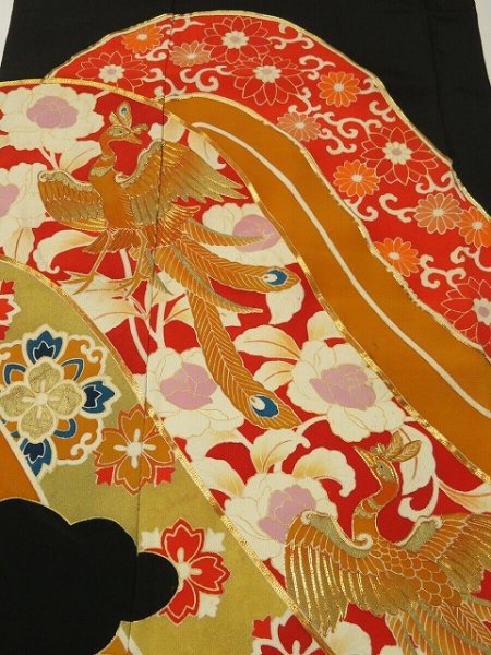 Photo1: 2U01z110 Vintage Japanese Kimono Silk  FABRIC Black Phoenix 51.2" (1)