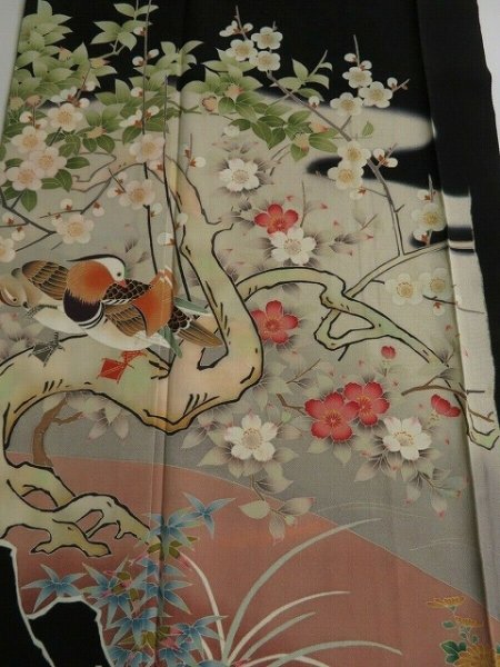 Photo1: 2S02z100 Japanese Kimono Silk  FABRIC Black Mandarin duck 45.7" (1)