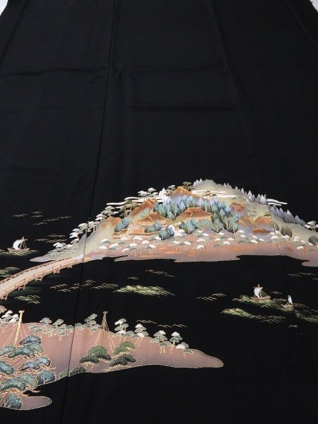 Photo1: 2N02z200 Japanese Kimono Silk  FABRIC Black Scenery 46.5" (1)