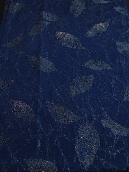 Photo1: 1C03z80 Vintage Japanese Kimono Silk  FABRIC Navy Leaves 48.8" (1)