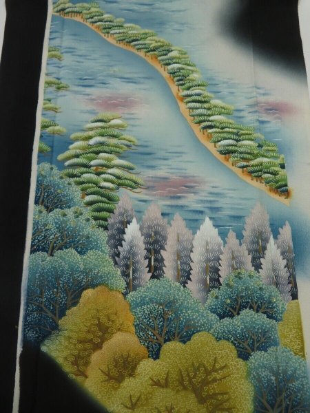 Photo1: 1G02z70 Japanese Kimono Silk  FABRIC Black Amanohashidate 44.9" (1)