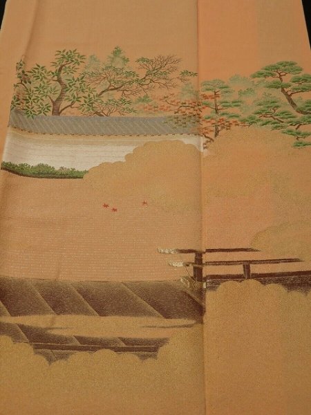 Photo1: 3N01z120 Japanese Kimono Silk  FABRIC Light apricot orange Garden 45.7" (1)