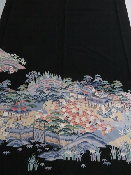 Photo1: 3K02z150 Japanese Kimono Silk Yu-zen FABRIC Black Garden 48" (1)