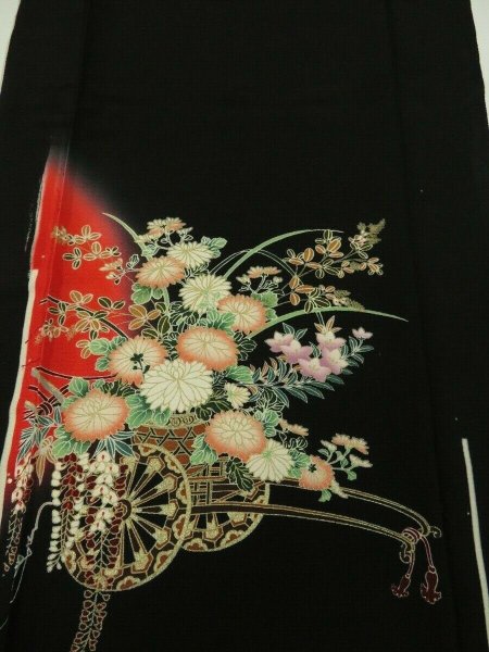 Photo1: 2N04z80 Japanese Kimono Silk  FABRIC Black Hanaguruma 51.2" (1)