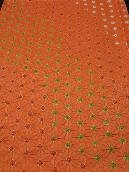 Photo1: 1A01z60 Japanese Kimono Silk SHIBORI FABRIC Orange Hemp 42.5" (1)