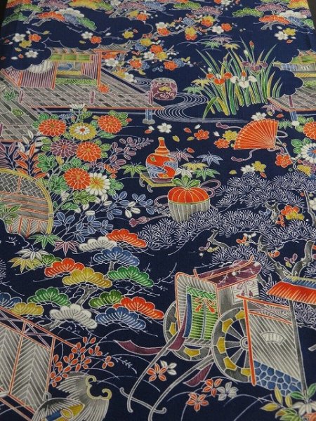 Photo1: 2P01z70 Japanese Kimono Silk  FABRIC Navy Japanese palace garden 45.7" (1)