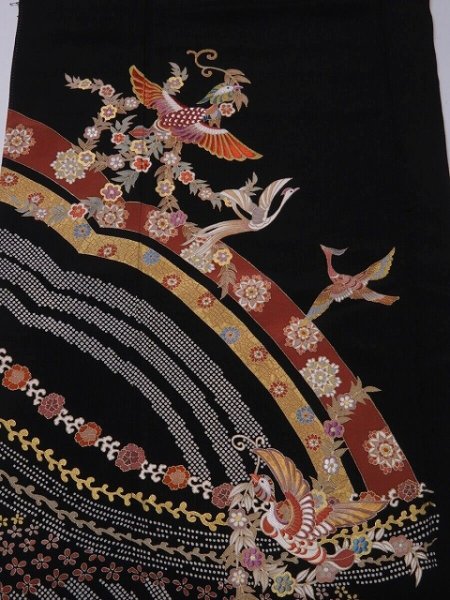 Photo1: 2i01z110 Japanese Kimono Silk  FABRIC Black Birds 48.8" (1)