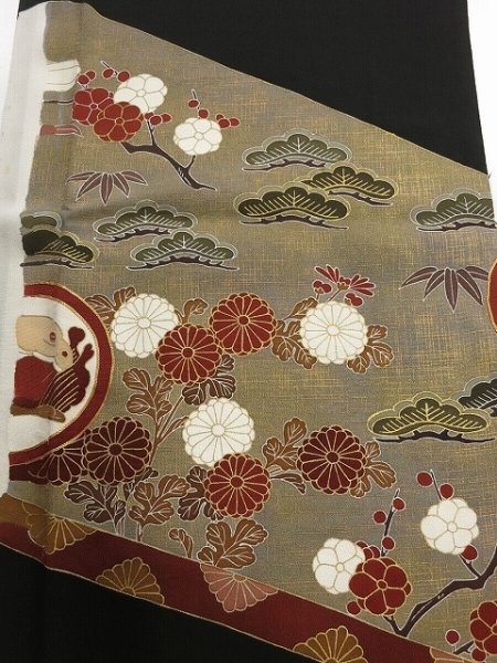 Photo1: 2F03z70 Japanese Kimono Silk  FABRIC Black Chrysanthemum 44.1" (1)