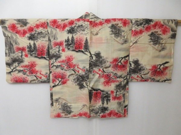 Photo1: 2126T04z360 Vintage Japanese Kimono Silk MEISEN HAORI Tree Off-white (1)